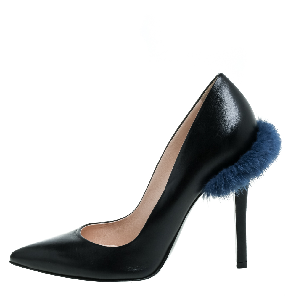 

Fendi Black Leather And Mink Fur Trim Pointed Toe Pumps Size