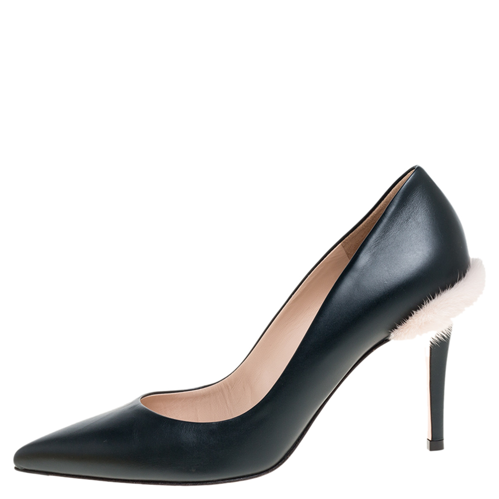 

Fendi Dark Green Leather and Fur Trim Pointed Toe Pumps Size