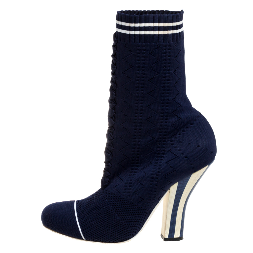 

Fendi Blue Knit Fabric Rockoko Runway Openwork Ankle Boots Size