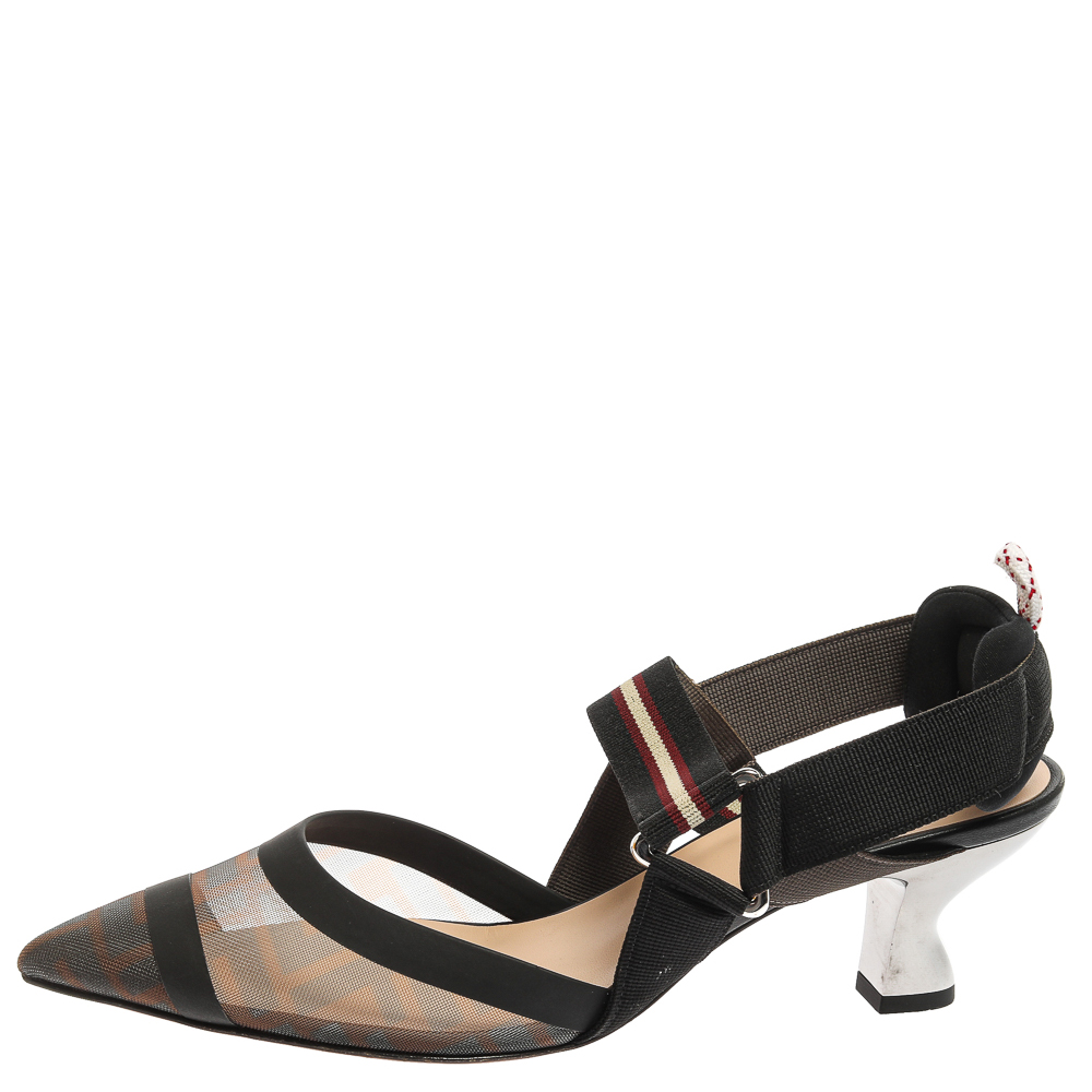 

Fendi Brown Zucca Mesh and Fabric Colibri Slingback Pumps Size