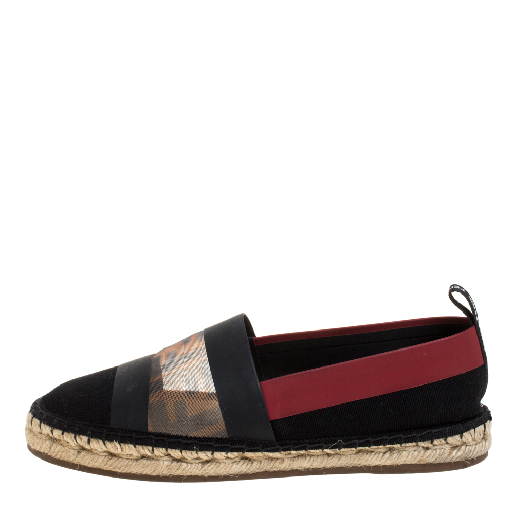 

Fendi Black/ Red Mesh, Leather And Canvas Espadrille Flats Size