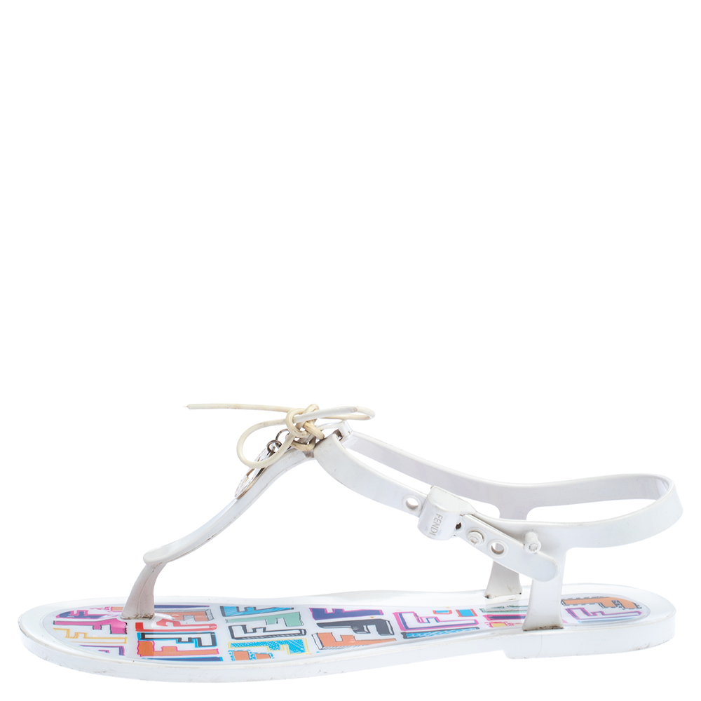 

Fendi White Jelly Logo Charm Sunny Thong Flat Sandals Size