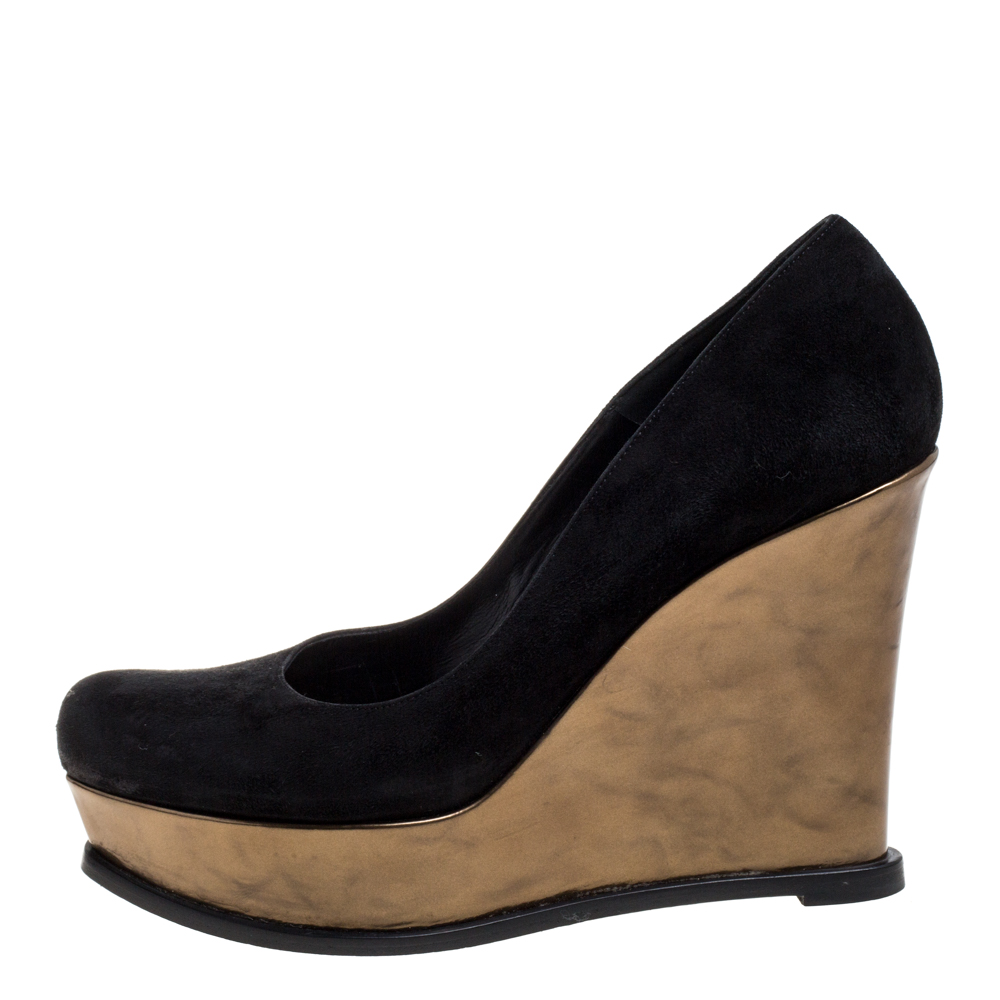 

Fendi Black Suede Leather Wedge Platform Pumps Size