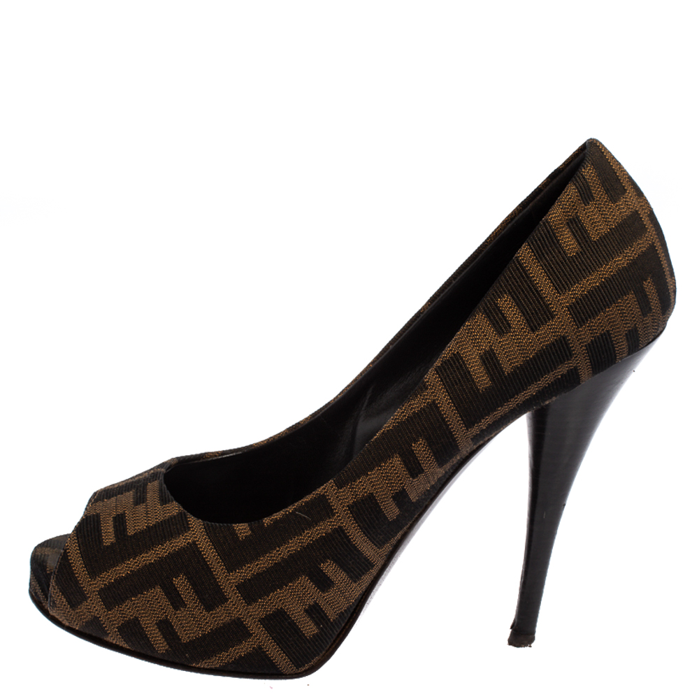 

Fendi Brown Tobacco Zucca Canvas Peep Toe Platform Pumps Size