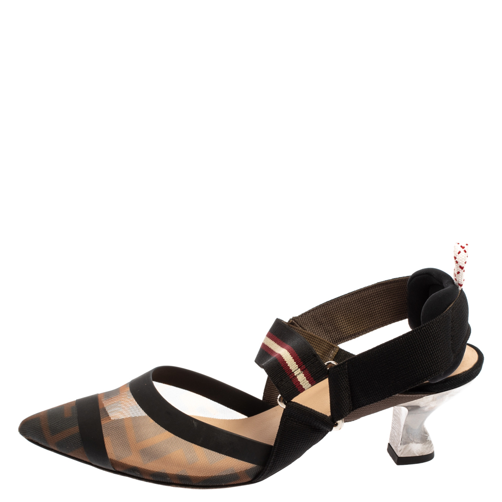 

Fendi Black FF Motif Tech Mesh And Leather Trim Colibri Slingback Sandals Size, Brown