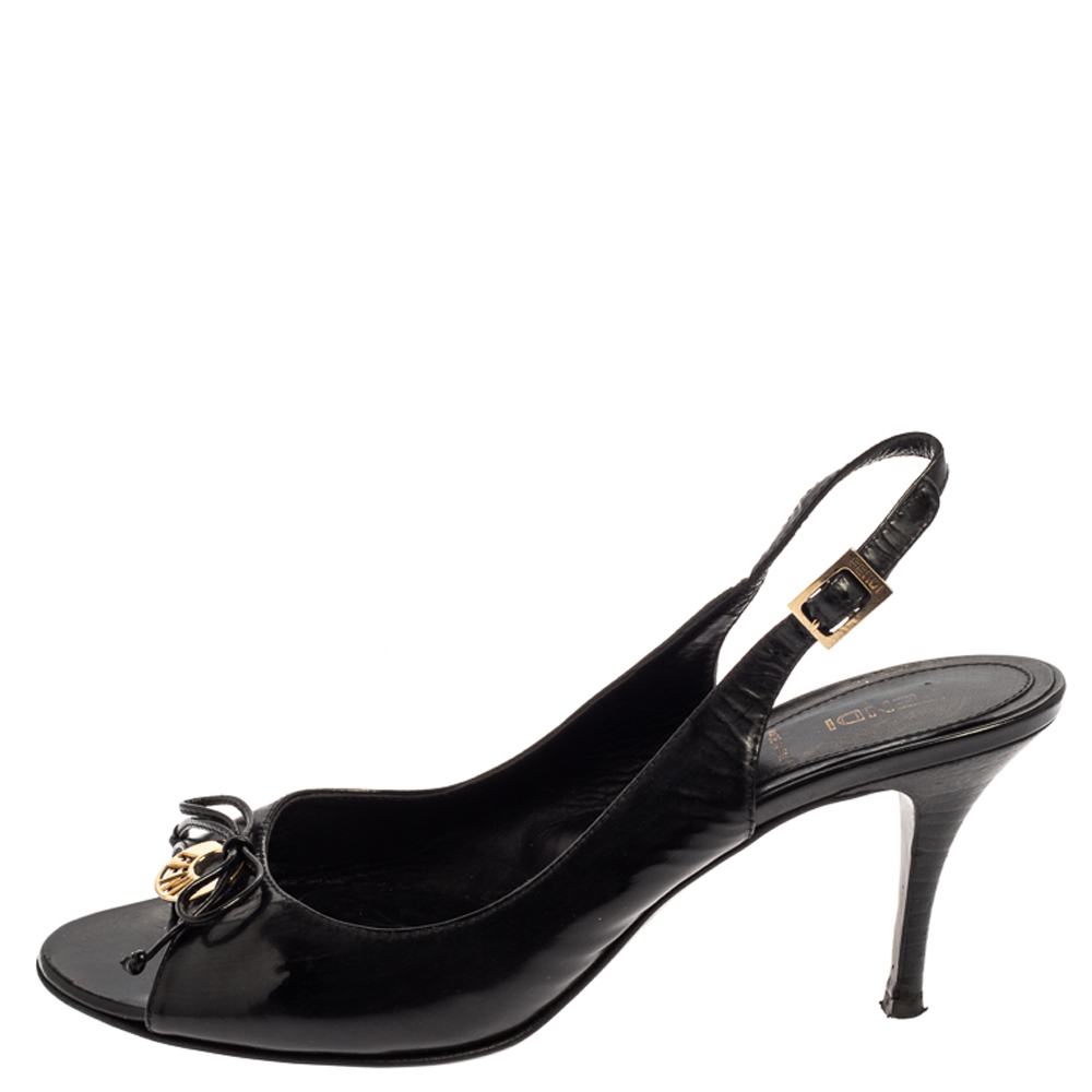 

Fendi Black Patent Leather Logo Plaque Peep Toe Slingback Sandals Size