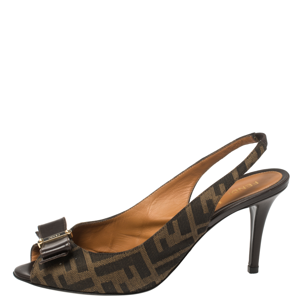 

Fendi Brown Zucca Canvas And Leather Bow Slingback Sandals Size