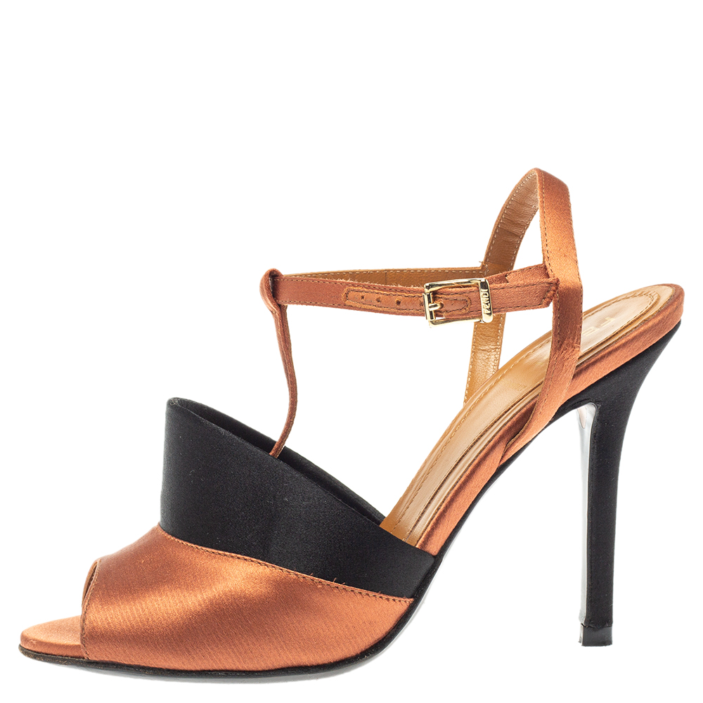 

Fendi Bronze/Black Satin T-Strap Slingback Sandals Size, Brown