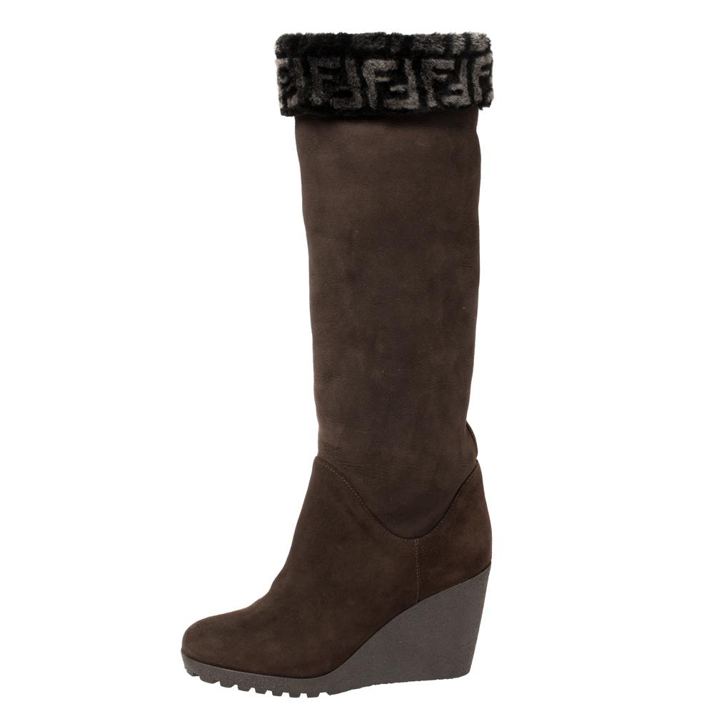 

Fendi Brown Suede And Shearling Fur Wedge Knee High Boots Size