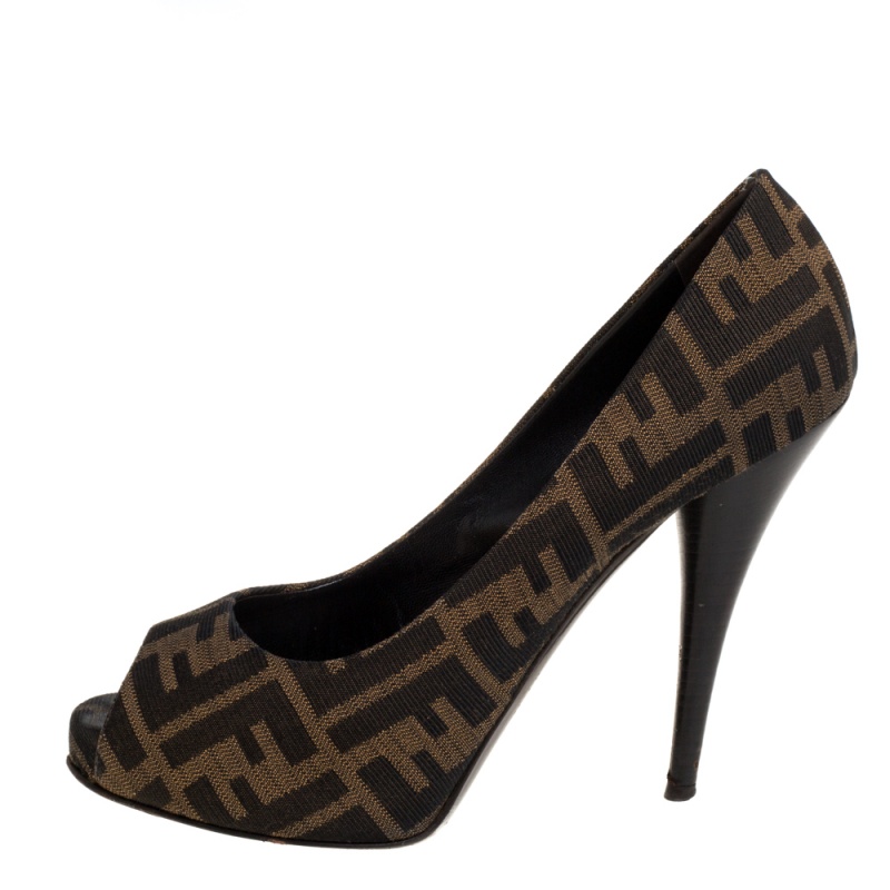 

Fendi Brown Zucca Canvas Platform Peep Toe Pumps Size