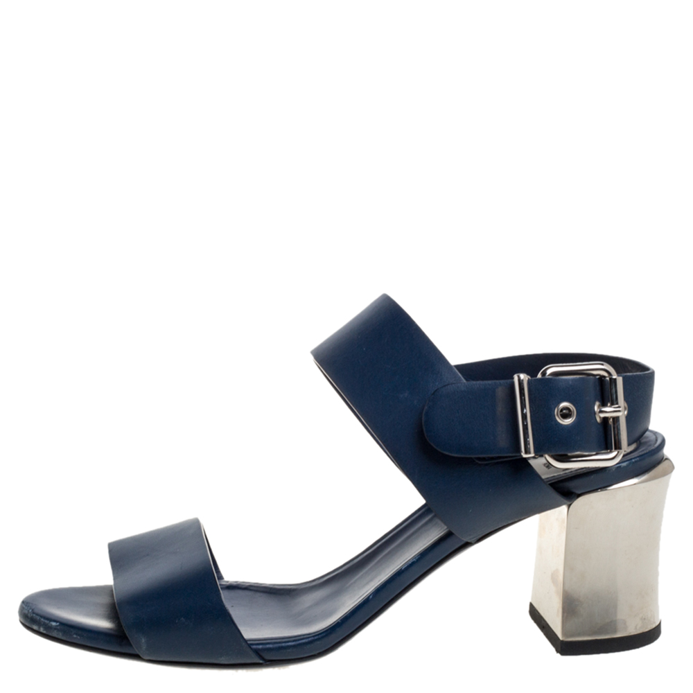 

Fendi Blue Leather Metal Block Heel Ankle Strap Sandals Size