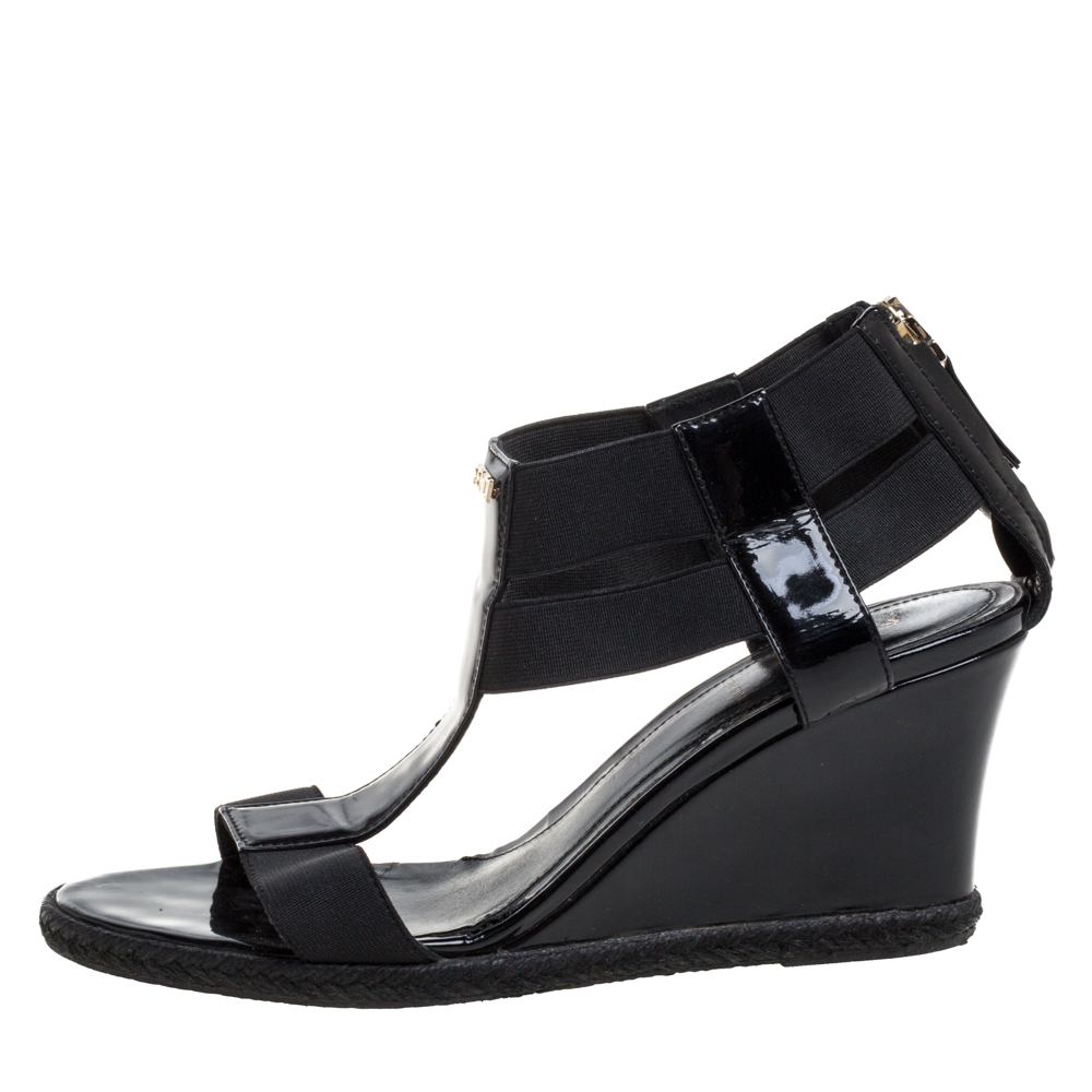 

Fendi Black Elastic And Patent Leather Espadrille Wedge T-Strap Sandals Size