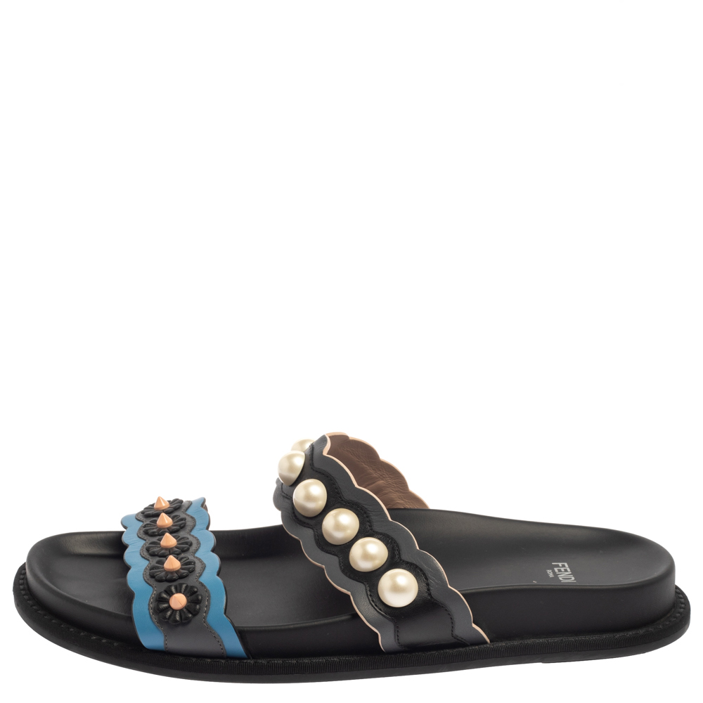 

Fendi Multicolor Leather Faux Pearl Embellished Flat Slides Size