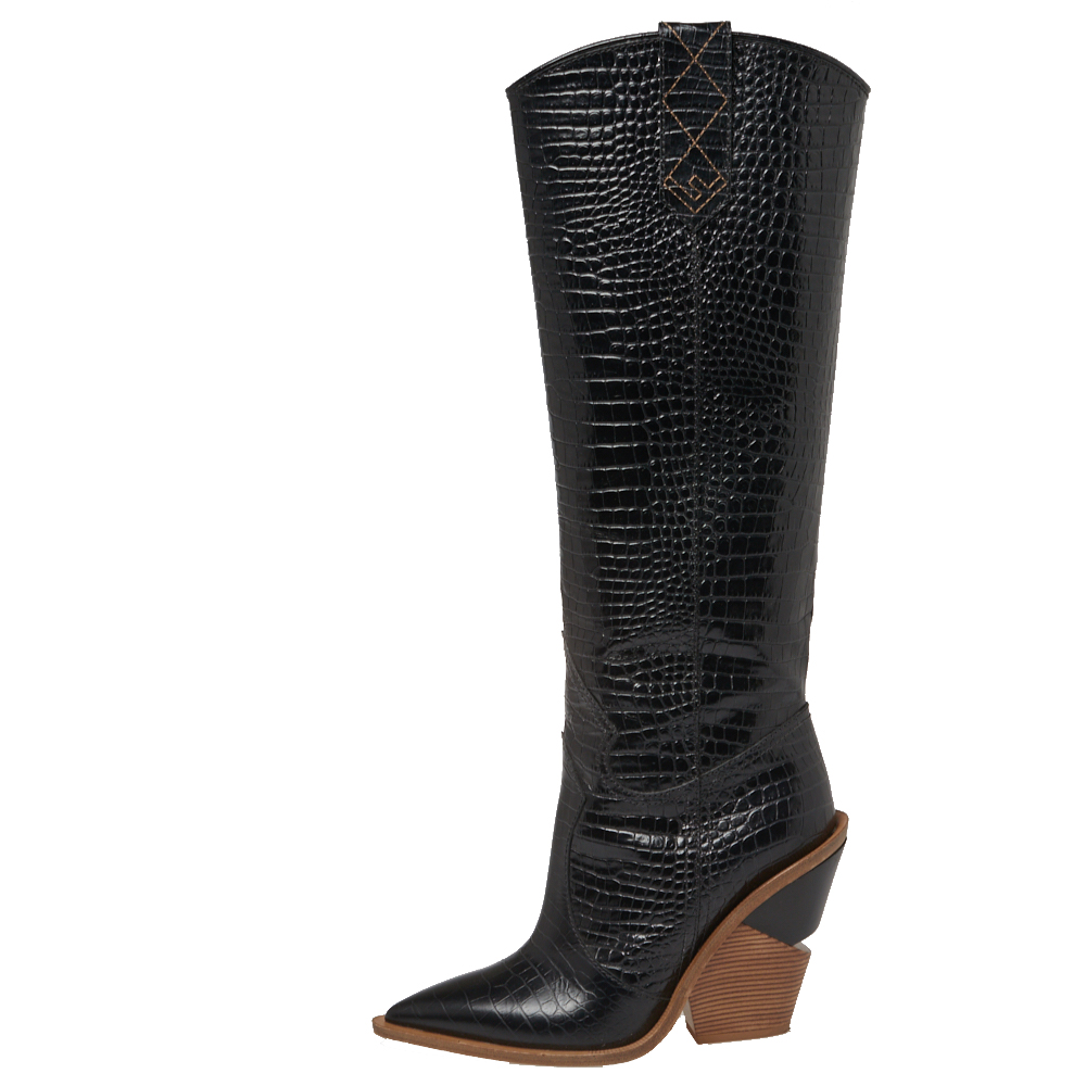 

Fendi Black Croc Embossed Leather Cowboy Boots Size