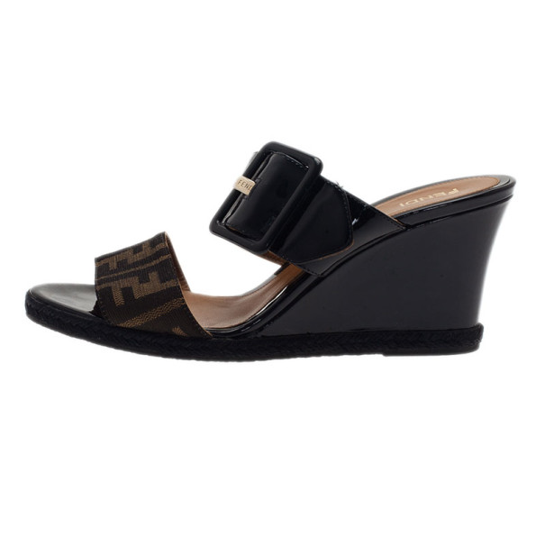 

Fendi Zucca Patent Demi Wedge Slides Size, Black