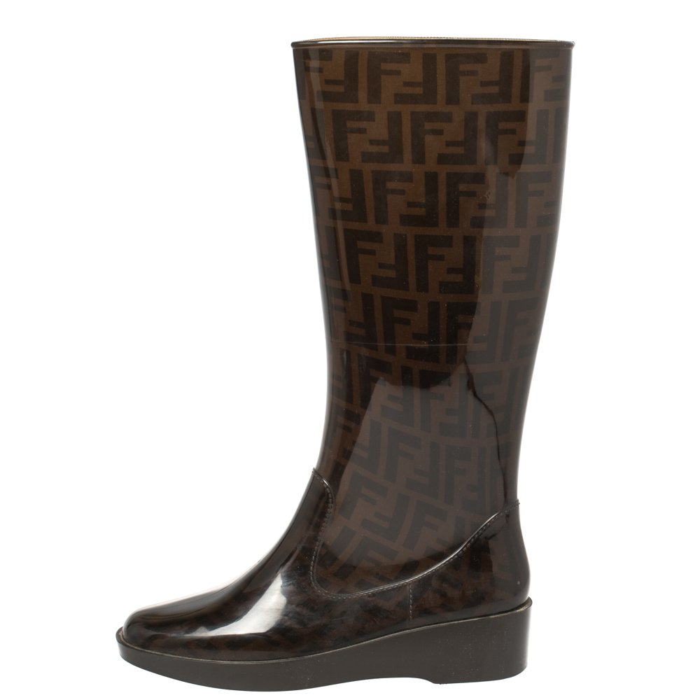 

Fendi Tobacco Zucca Rubber Mid Calf Rain Boots Size, Brown