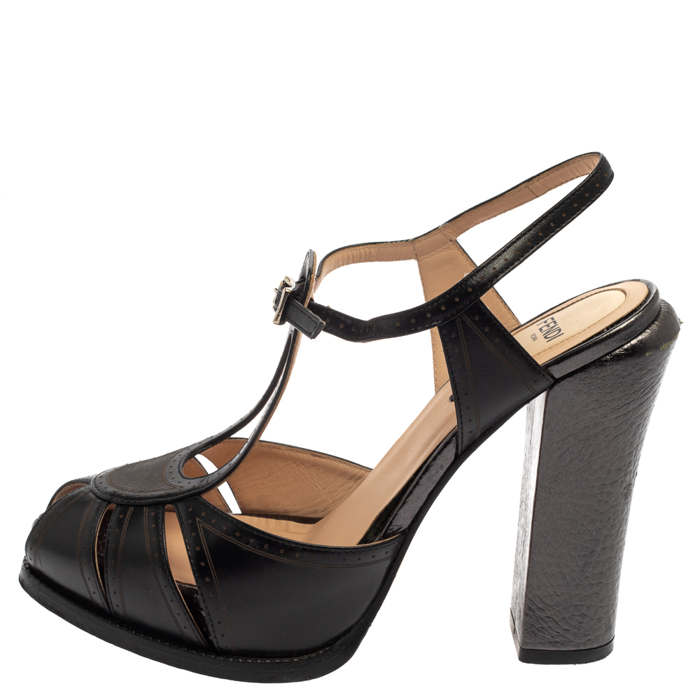 

Fendi Black Leather T Strap Peep Toe Ankle Strap Sandals Size