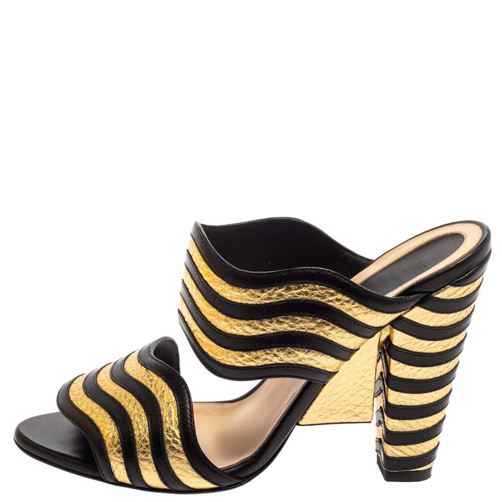 

Fendi Black/Gold Wave Striped Leather Mule Sandals Size