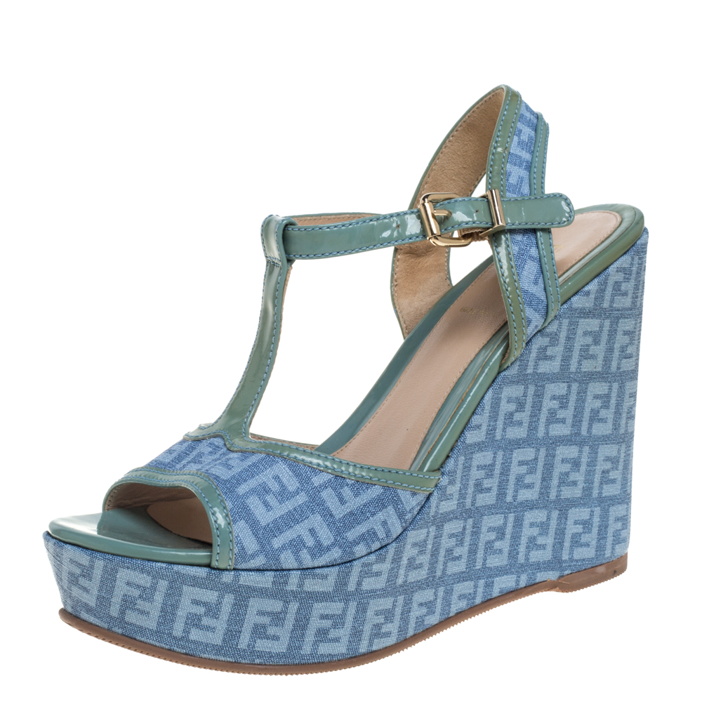 

Fendi Blue/Green Canvas And Patent Leather Wedge Sandals Size