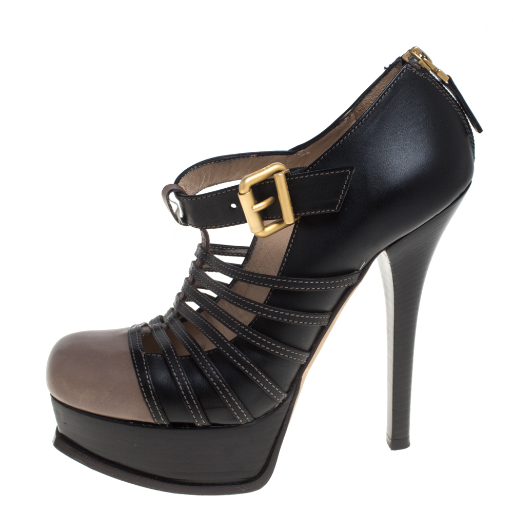 

Fendi Beige/Black Leather Strappy Platform Ankle Strap Zipper Sandals Size