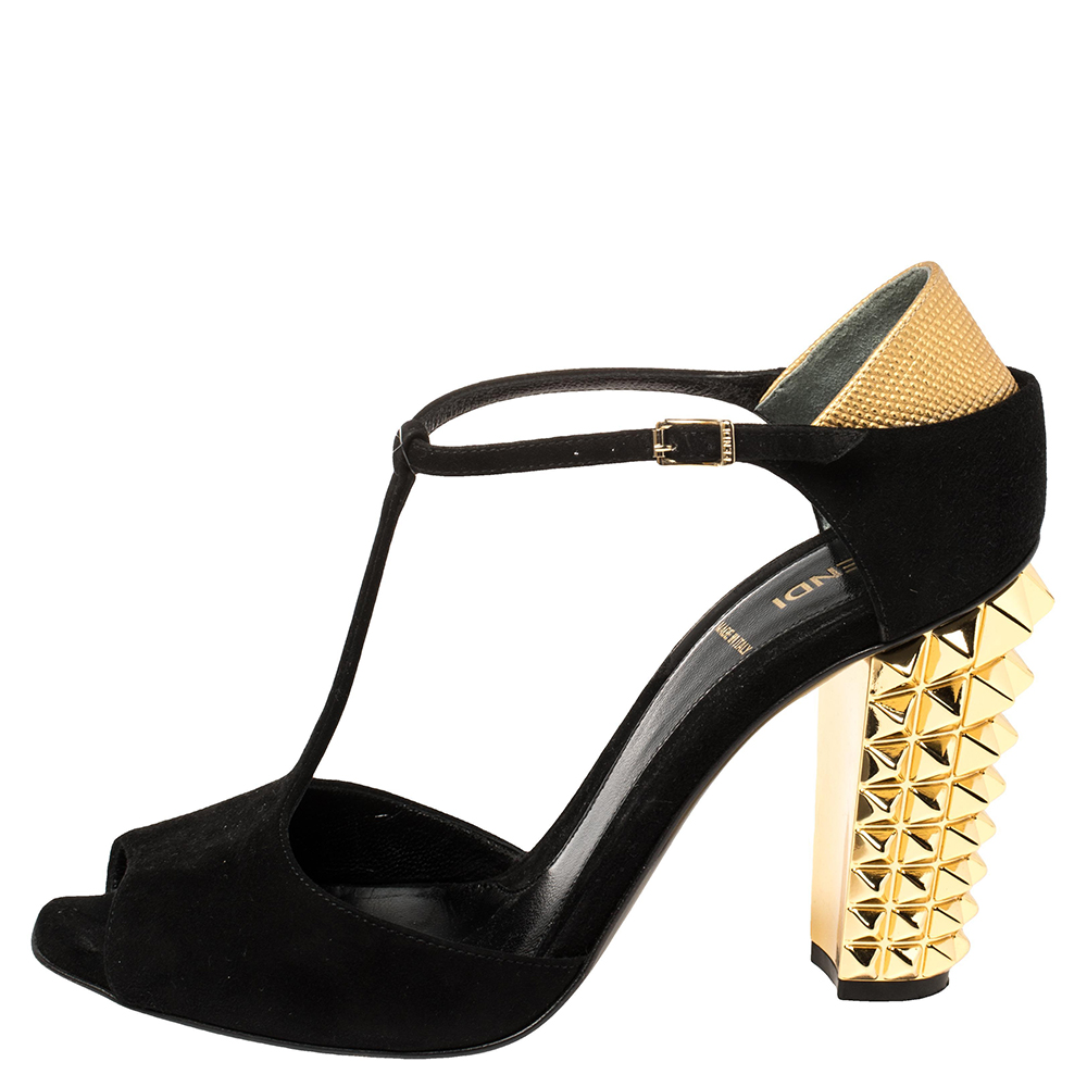 

Fendi Black/Gold Suede And Embossed Leather Studded Heel T-Strap Sandals Size