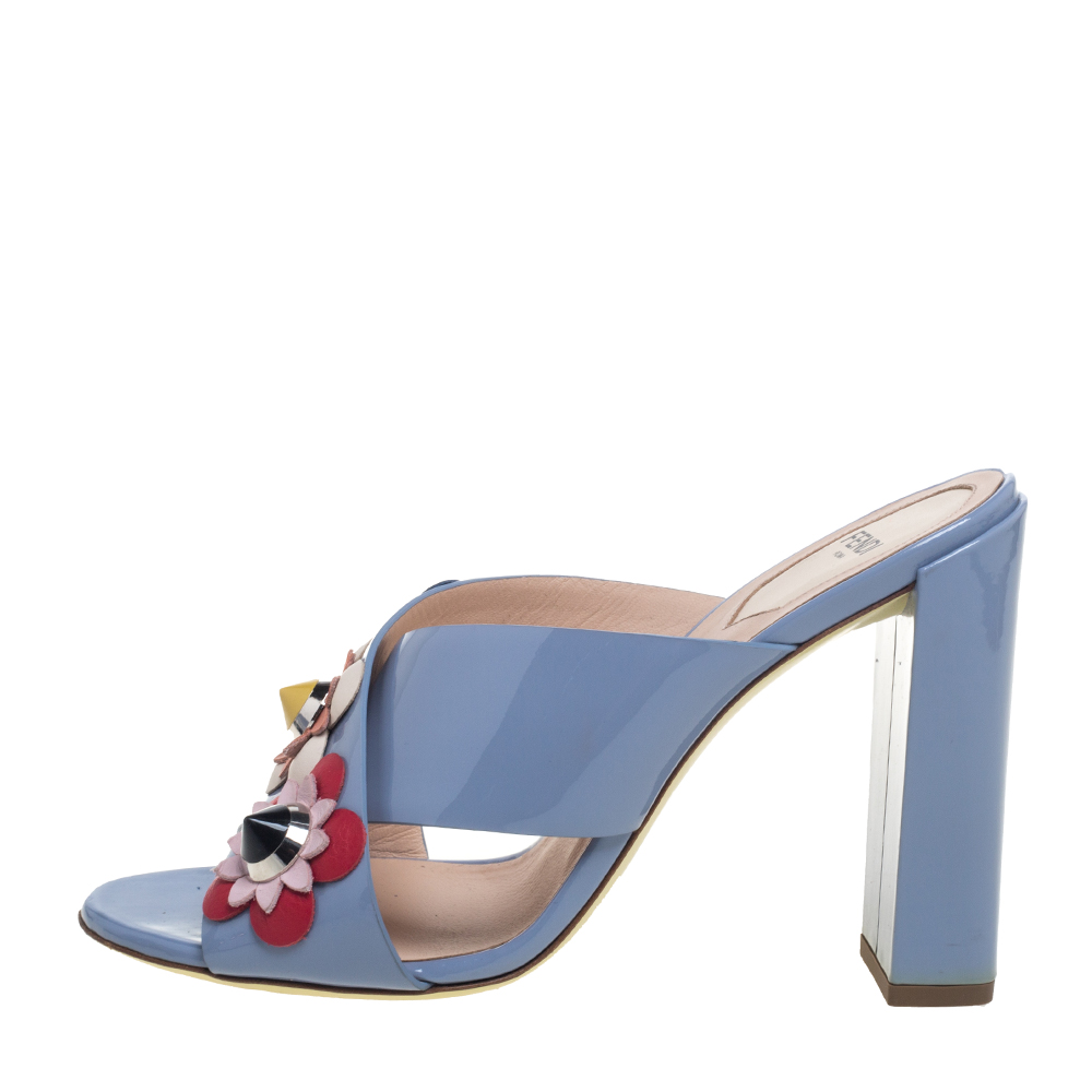 

Fendi Blue Patent Leather Flowerland Mule Sandals Size