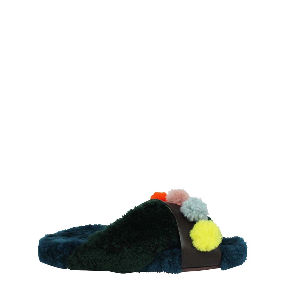 Pre-owned Fendi Black Fur Pom Pom Slide Sandals Size 36