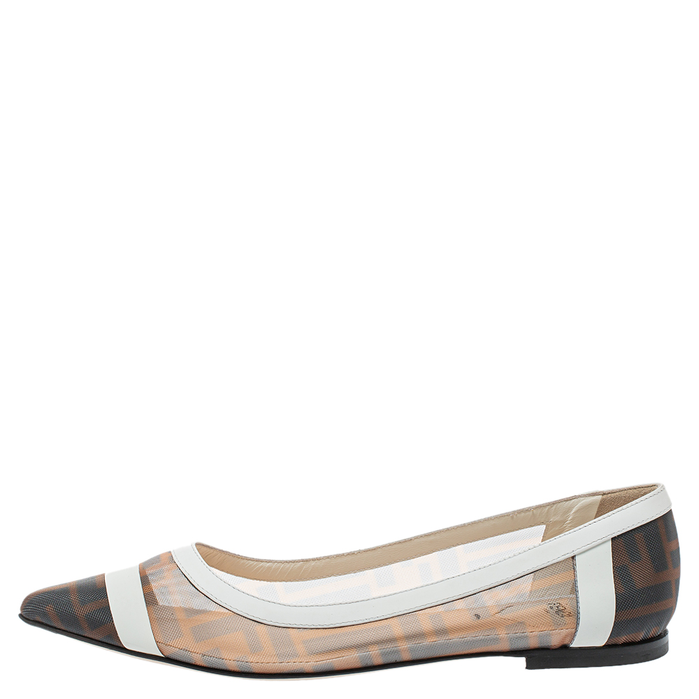 

Fendi Brown/White Zucca Mesh And Leather Colibri Ballet Flats Size