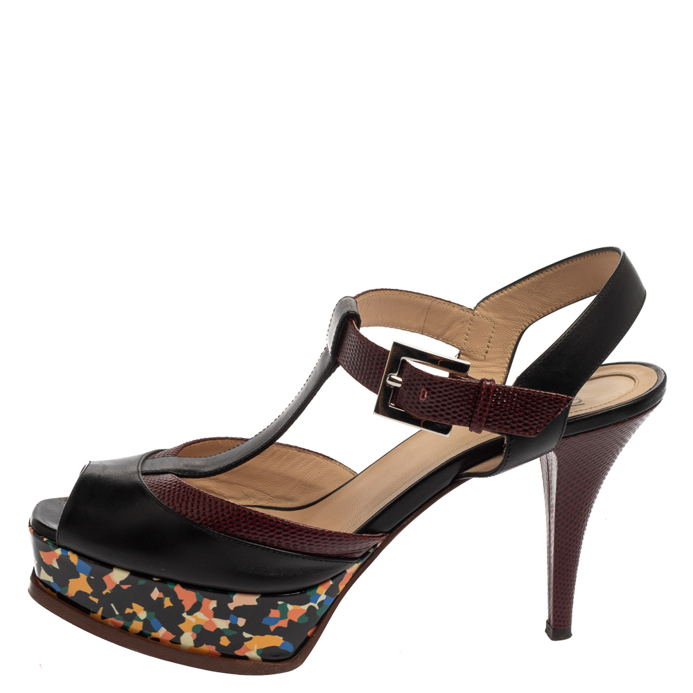 

Fendi Black/Brown Lizard Embossed And Leather T Strap Platform Sandals Size