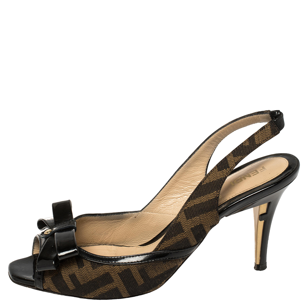 

Fendi Black/Brown Zucca Canvas And Patent Leather Bow Slingback Sandals Size