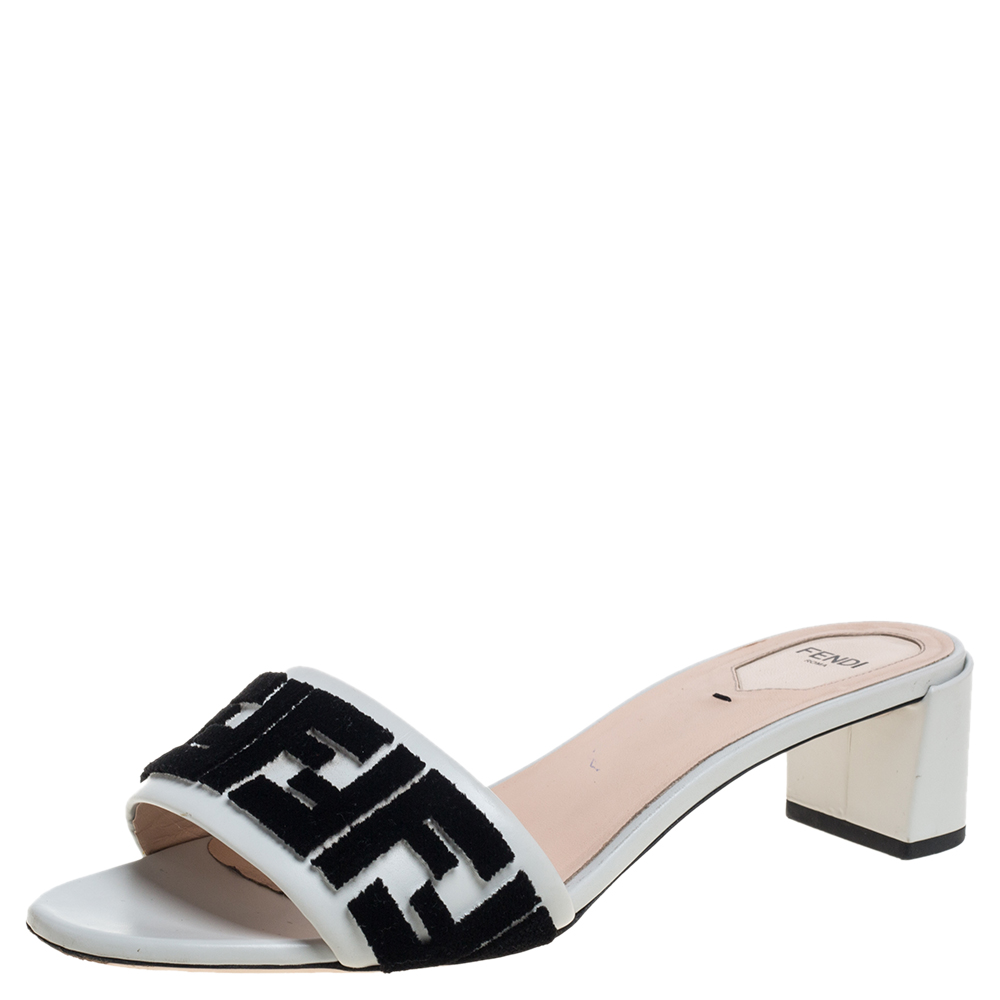 Pre-owned Fendi Off White/black Leather And Ff Logo Velvet Slide Sandals Size 40