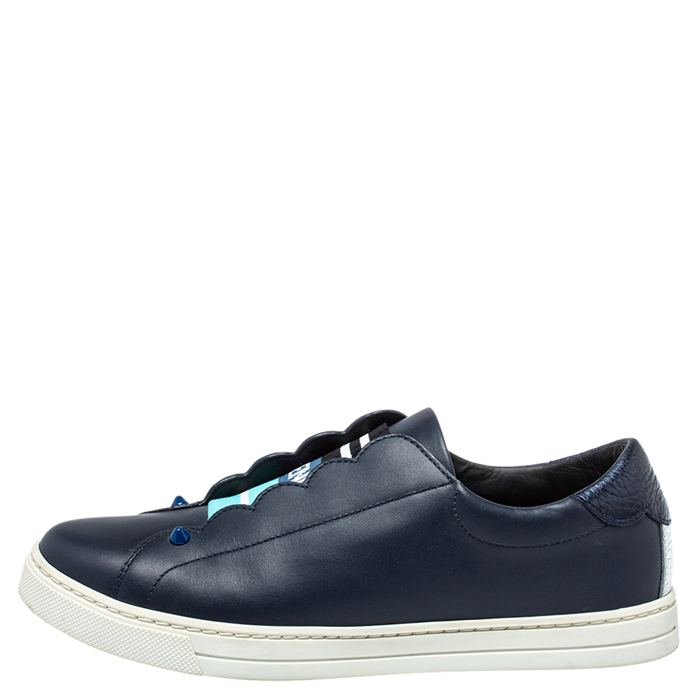 

Fendi Navy Blue Leather Logo Knit Rockoko Scallop Detail Slip On Sneakers Size