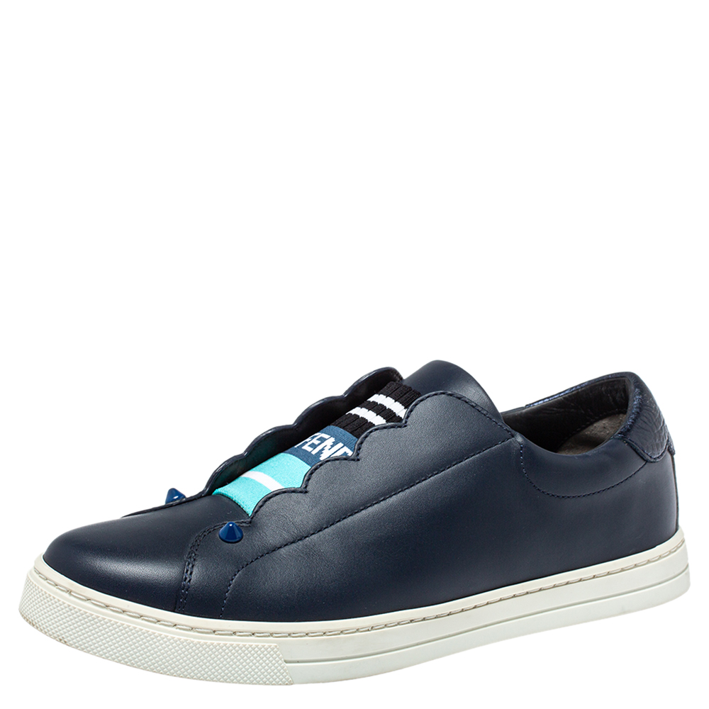 Pre-owned Fendi Navy Blue Leather Logo Knit Rockoko Scallop Detail Slip On Sneakers Size 37