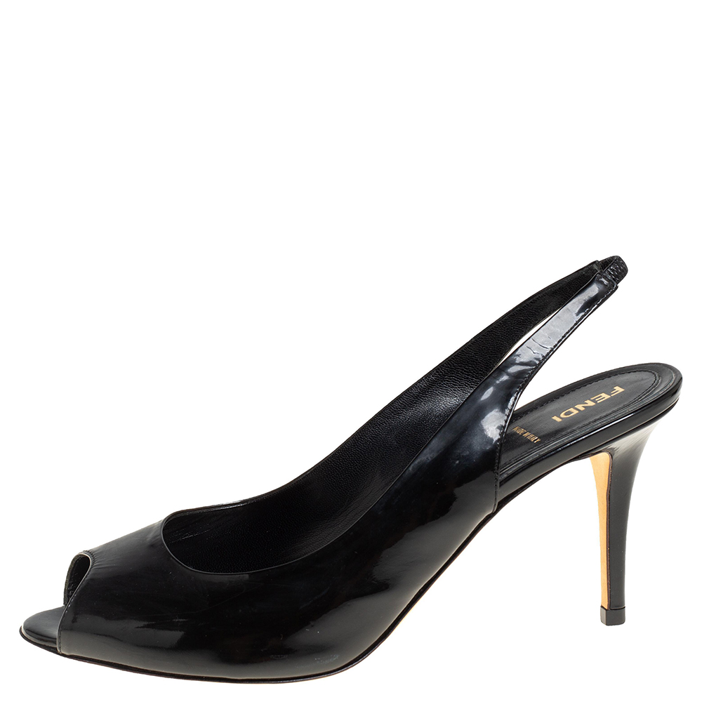 

Fendi Black Patent Leather Peep Toe Slingback Sandals Size