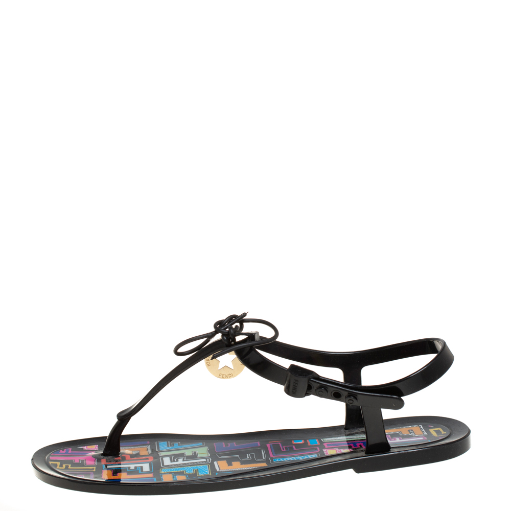 

Fendi Black Rubber Ankle Strap Flats Sandals Size