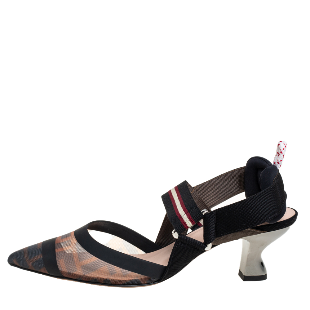 

Fendi Beige/Black Zucca Canvas And Mesh Colibri Slingback Sandals Size