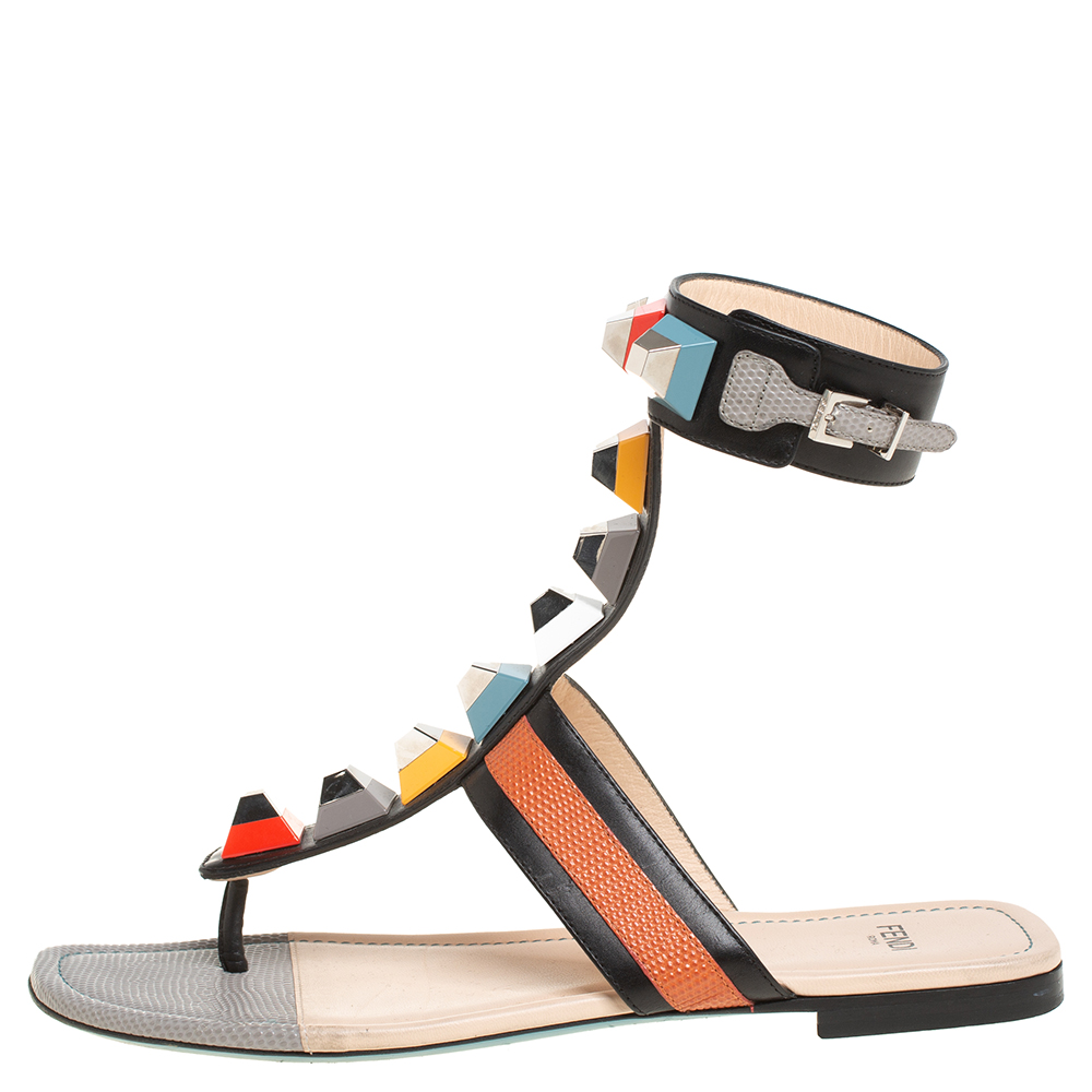 

Fendi Multicolor Leather And Lizard Embossed Studded Ankle Cuff Flat Sandals Size