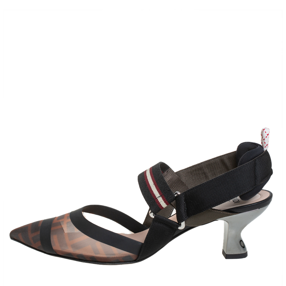 

Fendi Brown/Black Zucca Mesh And Leather Colibri Slingback Sandals Size