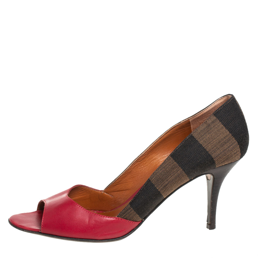 

Fendi Red Stripe Canvas And Leather Open Toe Pumps Size