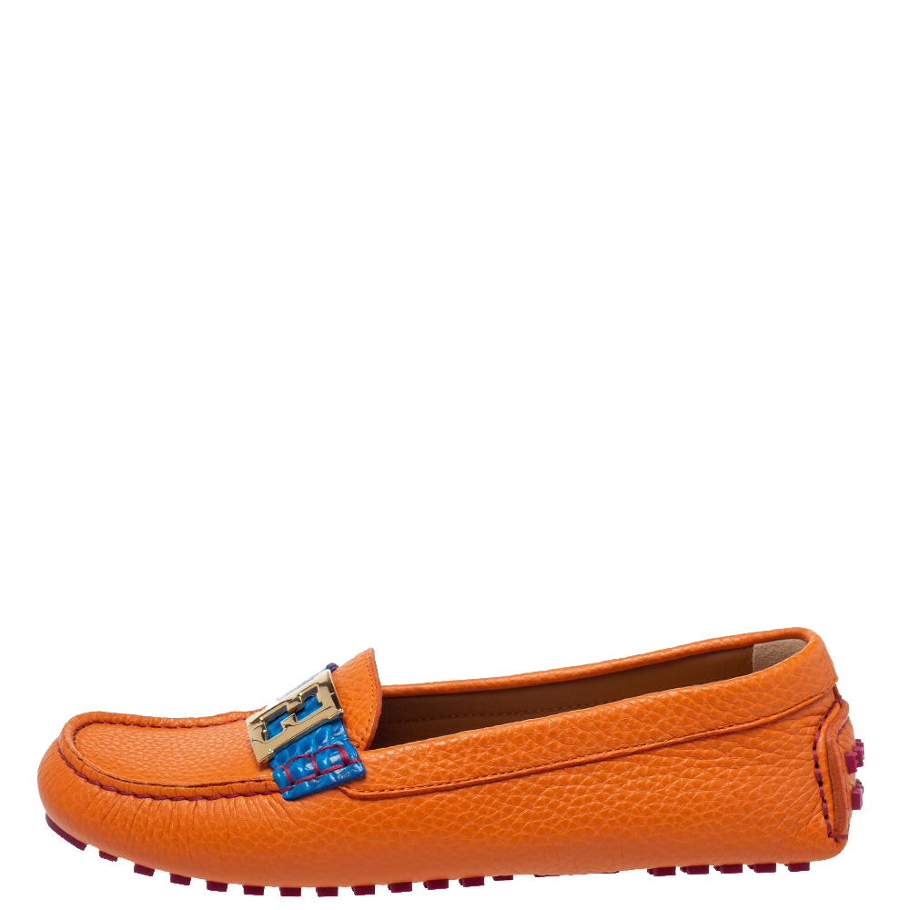 

Fendi Orange/Blue Leather And Croc Embossed Leather FF Logo Slip On Loafers Size