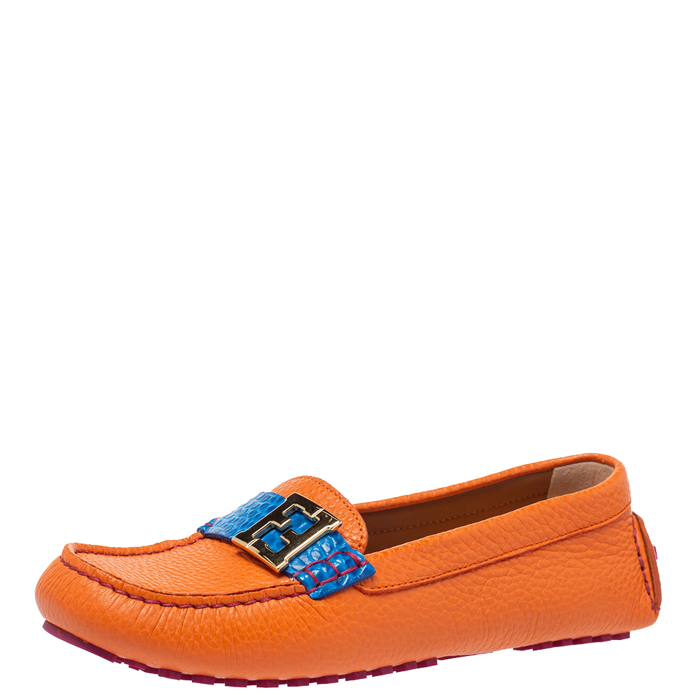 Pre-owned Fendi Orange/blue Leather And Croc Embossed Leather Ff Logo Slip On Loafers Size 37.5
