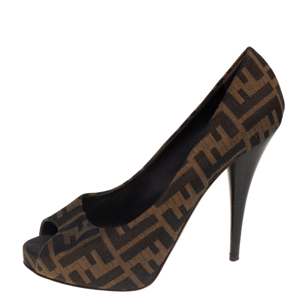 

Fendi Brown Zucca Canvas Peep Toe Platform Pumps Size