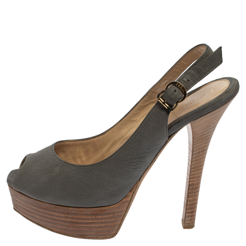 

Fendi Grey Nubuck Leather Fendista Slingback Platform Pumps Size