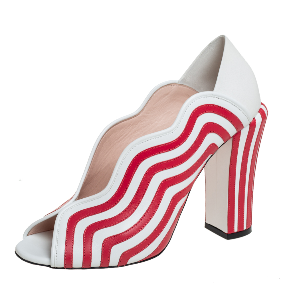 Pre-owned Fendi White/red Striped Leather Block Heel Pumps Size 40