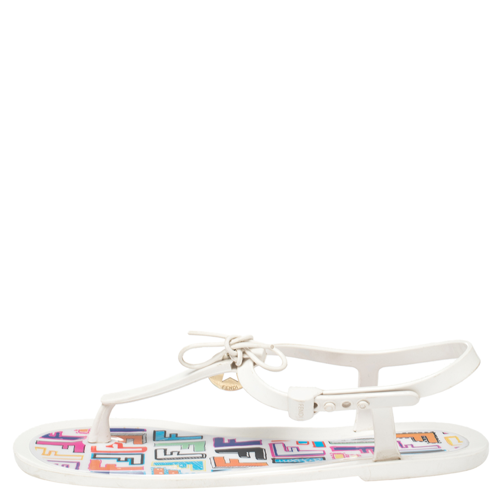 

Fendi White Rubber Logo Charm Sunny Thong Flat Sandals Size