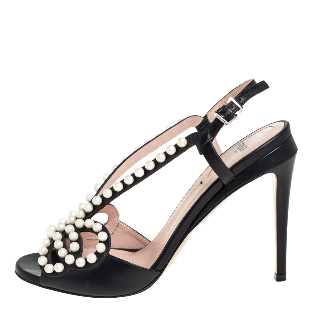 

Fendi Black Leather Faux Pearl Embellished Slingback Sandals Size