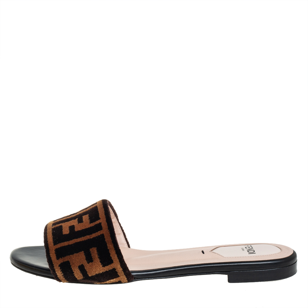 

Fendi Brown Zucca Velvet Flat Slides Size