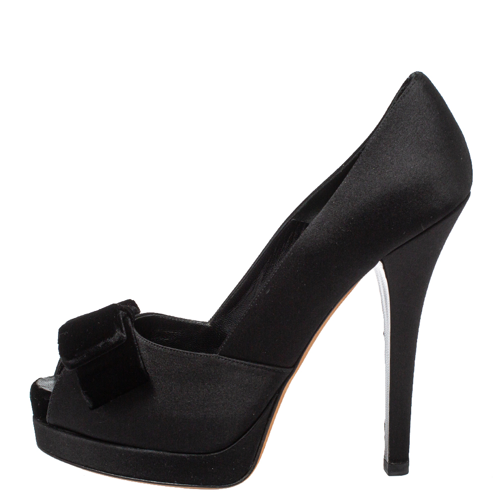 Fendi Black Satin Bow Peep Toe Pumps Size