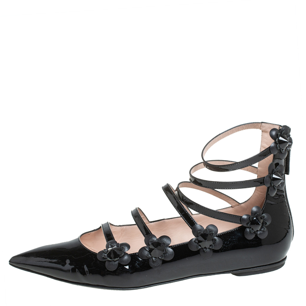 

Fendi Black Patent Leather Flowerland Multistrap Flats Size