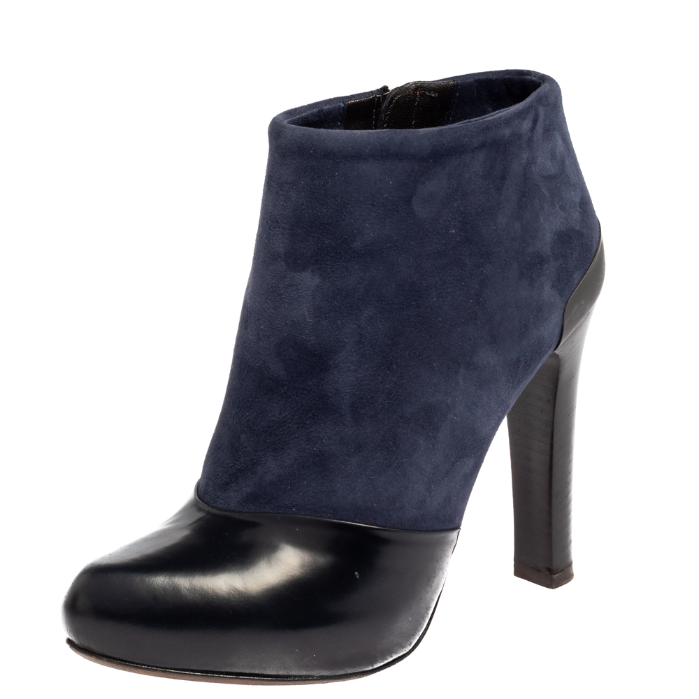Pre-owned Fendi Navy Blue/black Suede And Leather Ankle Boots Size 36